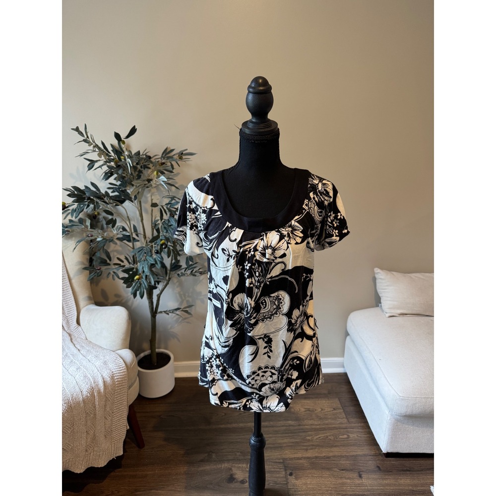 Ann Taylor Petites Black White Floral Paisley Scoop Neck Blouse MP Short Sleeve
